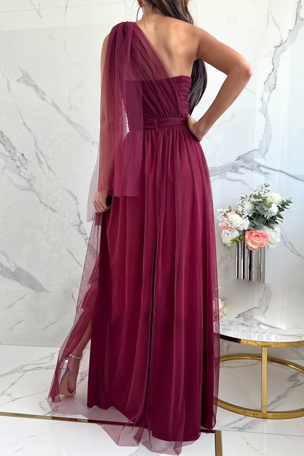 Feeling Galm Tulle Knotted One Shoulder Pleated Slit Maxi Dress