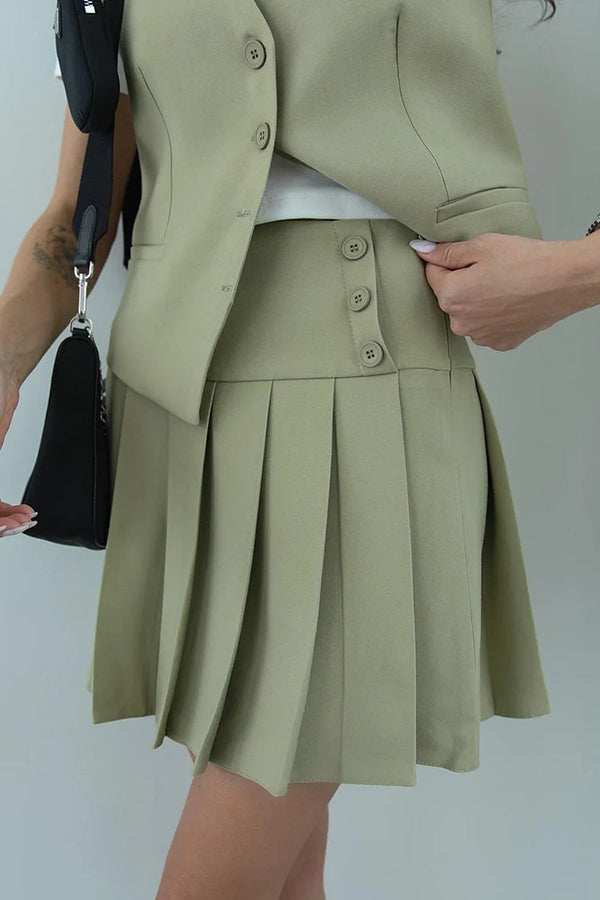 Solid Color Sleeveless Buttoned Vest and High-waisted Pleated Mini Skirt Set