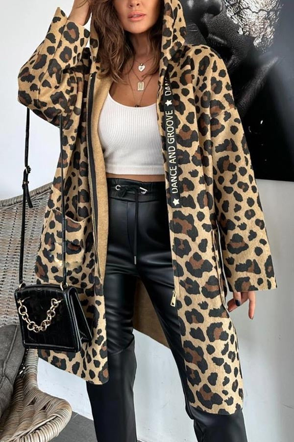 Fall Dreaming Animal Print Zipper Pockets Loose Hooded Midi Coat