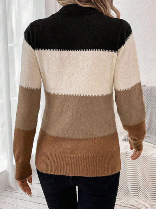 Long Sleeves Contrast Color Round-Neck Pullovers Sweater Tops