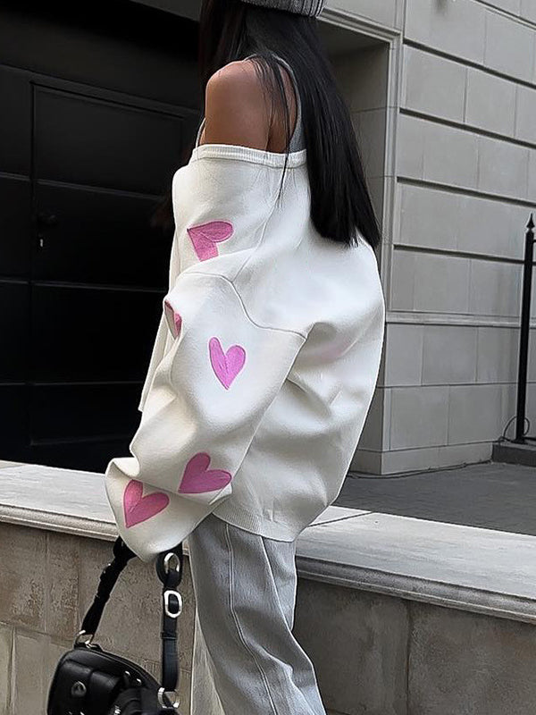 Long Sleeves Loose Heart Print Split-Joint V-Neck Cardigan Tops