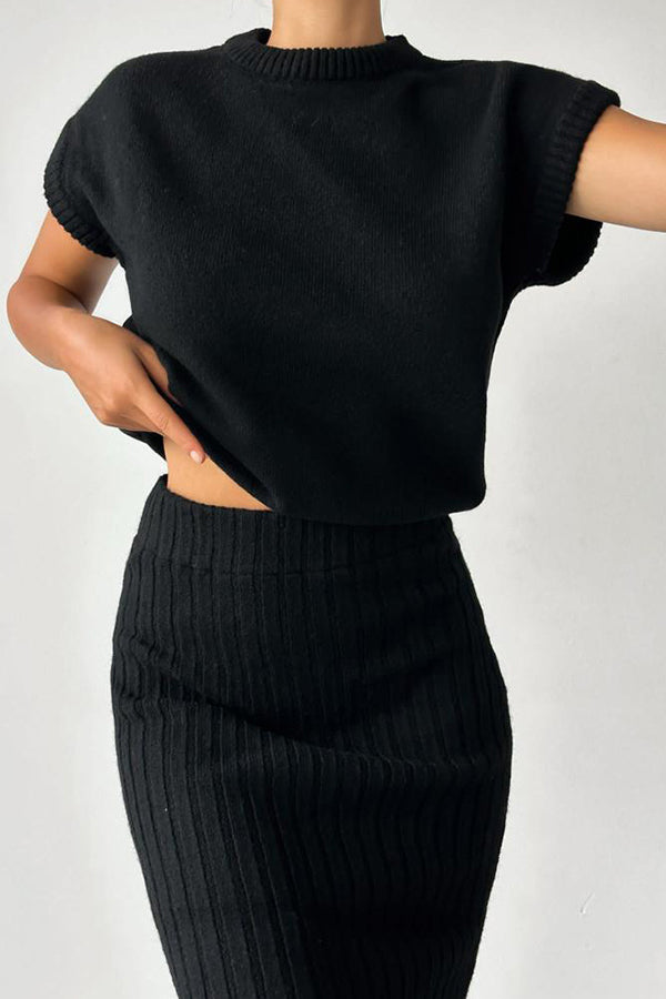 Triko Knit Short Sleeve Sweater and Stretch Ribbed Midi Skirt Set