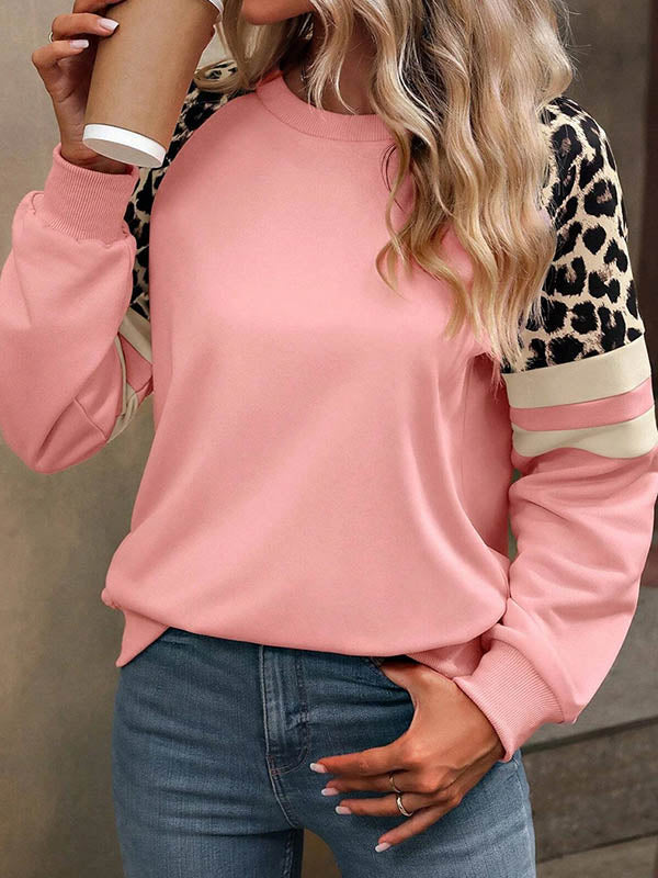 Loose Raglan Sleeve Contrast Color Leopard Split-Joint Round-Neck T-Shirts Tops