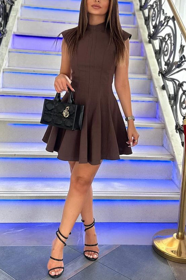 Solid Color Round Neck Sleeveless Waist Mini Dress