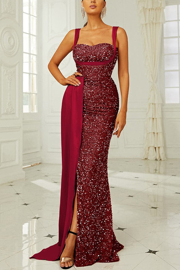 Banquet Sequined Backless Strappy Fishtail Maxi Dress