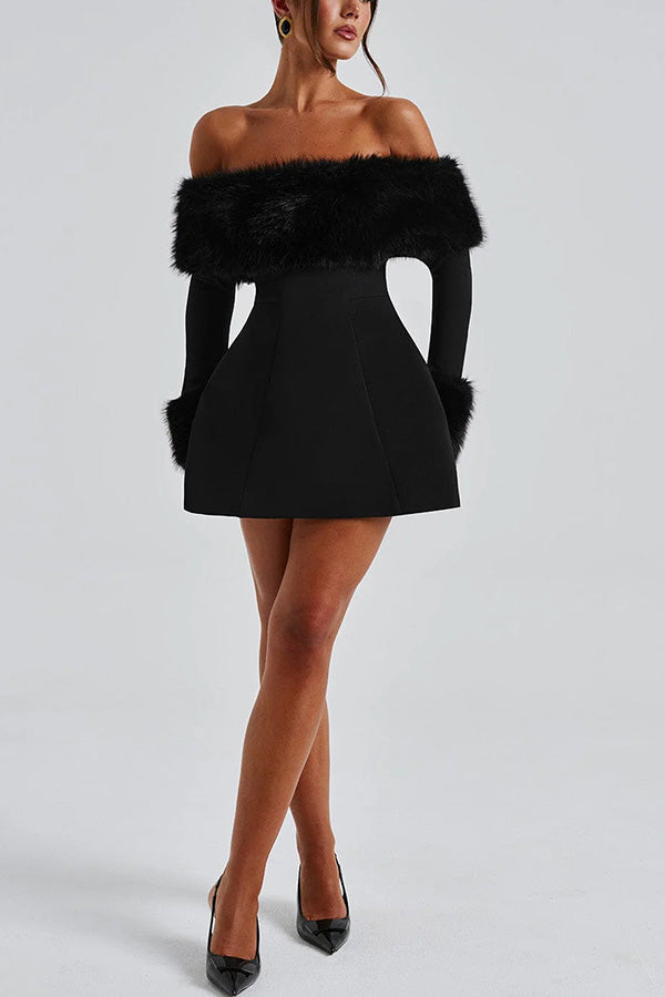 Cute and Luxe Faux Fur Trim Off Shoulder Bubble Shaped Mini Dress