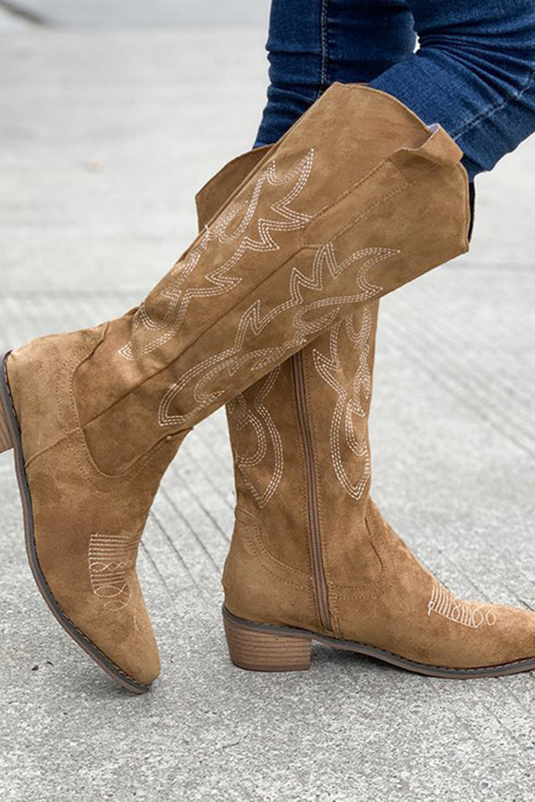 Retro Embroidered Block Heel Mid-calf Western Cowboy Martin Boots