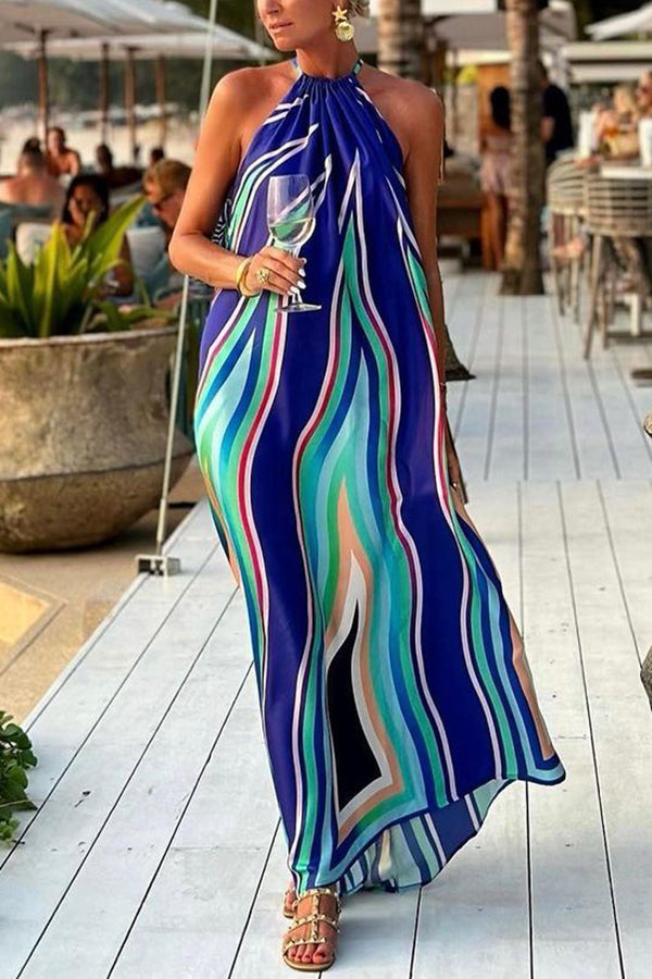 Phuket Dinner Colorful Wave Print Tassel Halter Maxi Dress