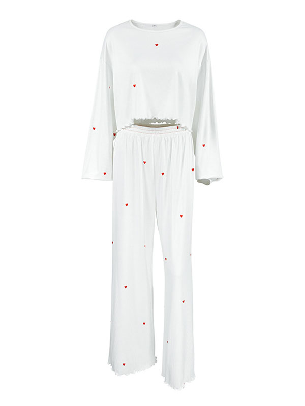 Heart Print Round-Neck Long Sleeves Tops + Elasticity High Waisted Pants Pajama Sets