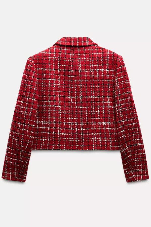 Tweed Plaid Textured Long-sleeved Casual Pocket Jacket