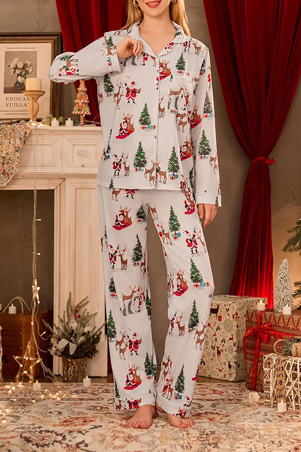 Christmas Holiday Print Long Sleeve Pocket Top and Elastic Waist Loose Pants Set