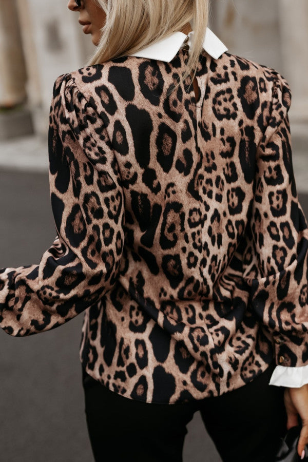 Leopard Print Lapel Long Sleeve Casual Shirt