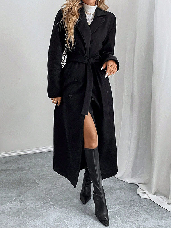 Long Sleeves Loose Buttoned Pockets Solid Color Tied Waist Notched Collar Woolen Coat