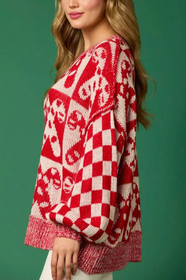 Christmas Candy Plaid Round Neck Long Sleeve Loose Knit Sweater