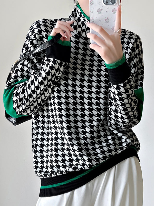 Long Sleeves Loose Contrast Color Houndstooth High Neck Pullovers Sweater Tops