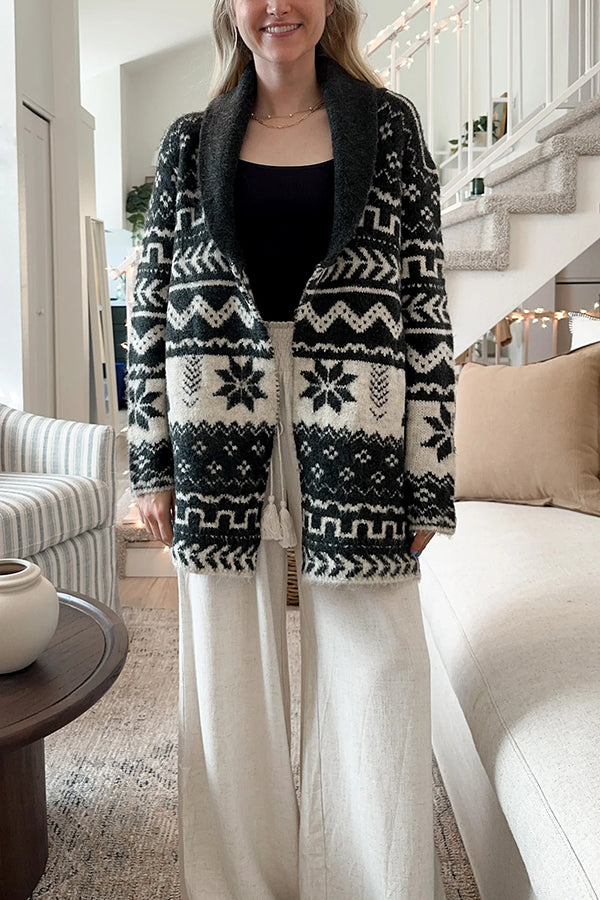 Winter Snowflake Waist Tie Lapel Midi Pocket Knit Cardigan