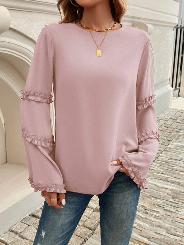 Flared Sleeves Long Sleeves Solid Color Split-Joint Round-Neck T-Shirts Tops