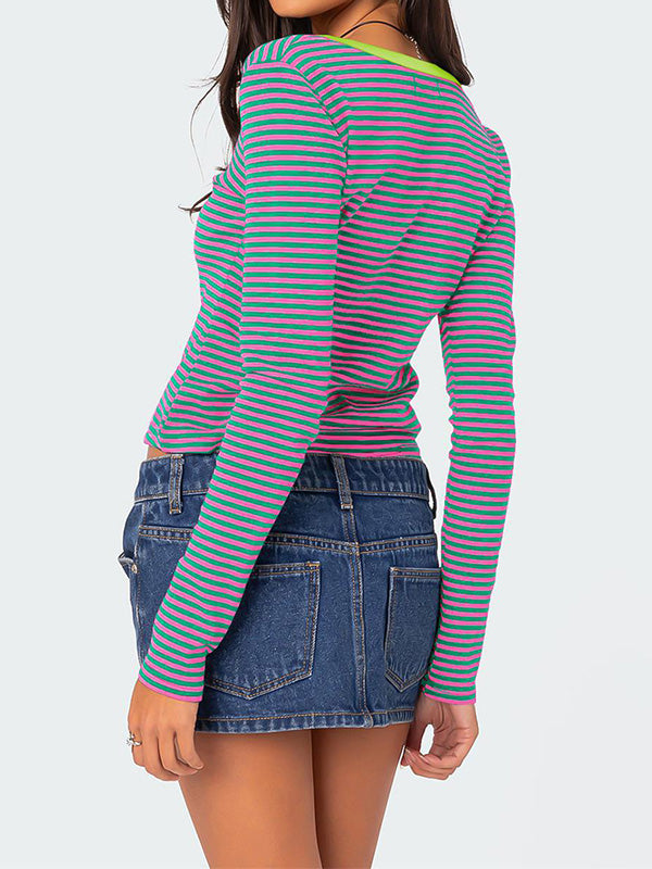 Long Sleeves Skinny Buttoned Contrast Color Striped V-Neck T-Shirts Tops