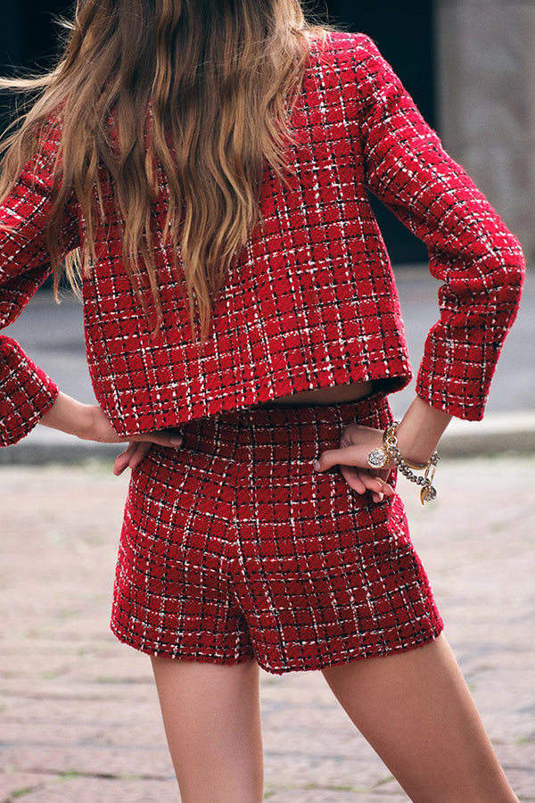 Tweed Plaid Textured Long-sleeved Casual Pocket Jacket