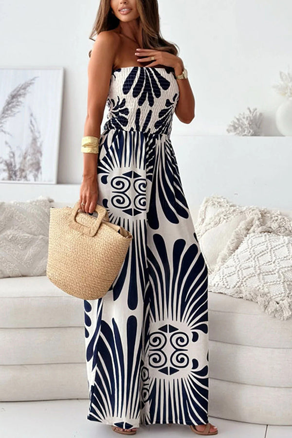 Unique Printed Off-shoulder Pleated Casual Wide-leg Jumpsuit