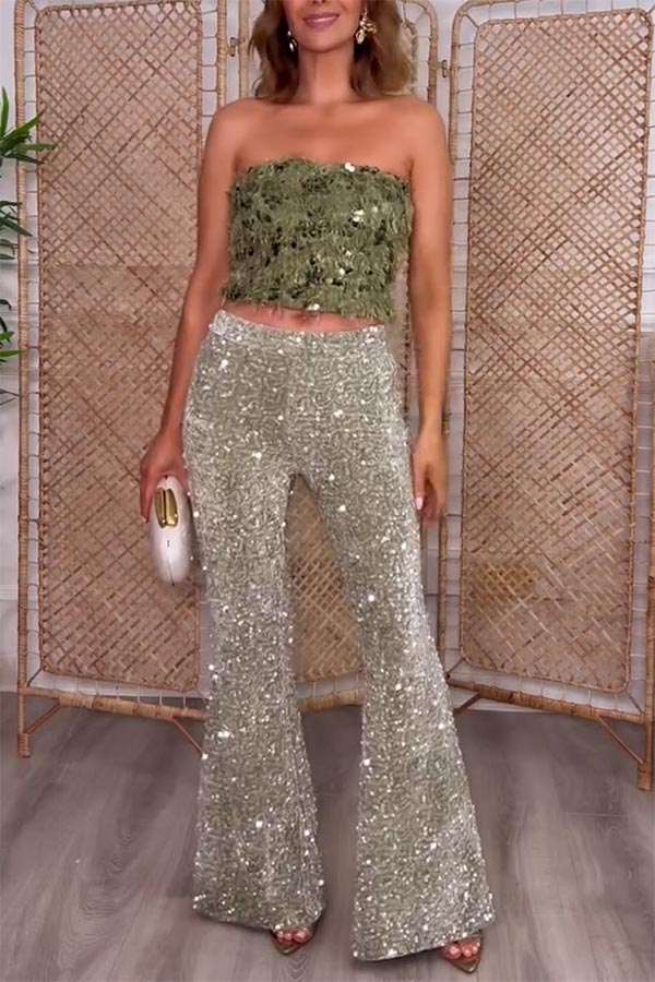 Promise You A Party Sequin High-waisted Elastic Waist Flare Pants