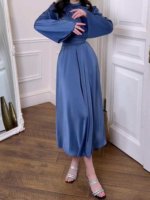 Long Sleeves Loose Pleated Solid Color Tied Waist Mock Neck Maxi Dresses