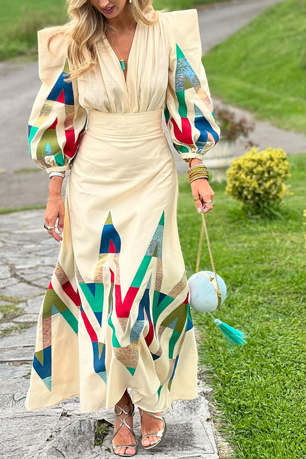 Highest Elegance Colorful Triangle Print Padded Shoulder Blouse and High Rise Maxi Skirt Set