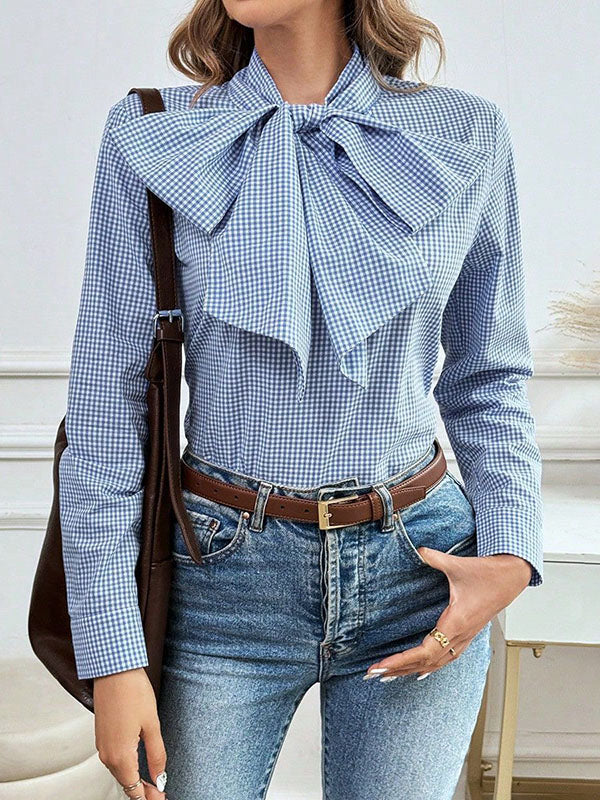 Long Sleeves Loose Bowknot Plaid V-Neck Blouses&Shirts Tops