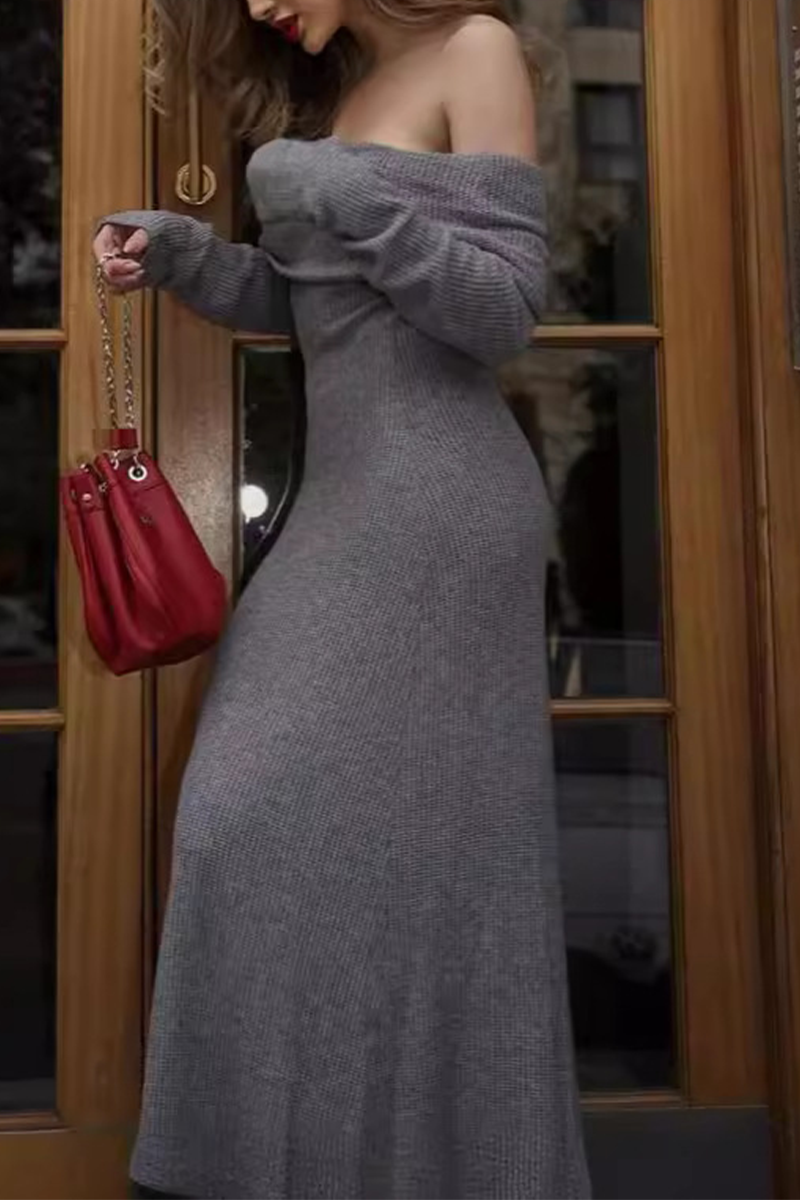 Sexy Solid Color Off Shoulder Long Sleeve Dress