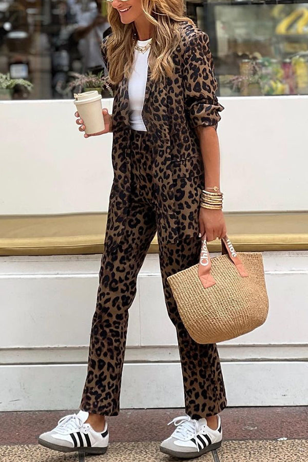 Wild Personality Leopard Pockets Relaxed Lapel Blazer and Elastic Waist Pants Set