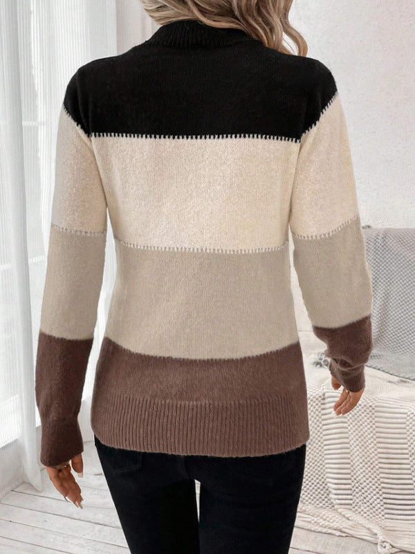 Long Sleeves Contrast Color Round-Neck Pullovers Sweater Tops