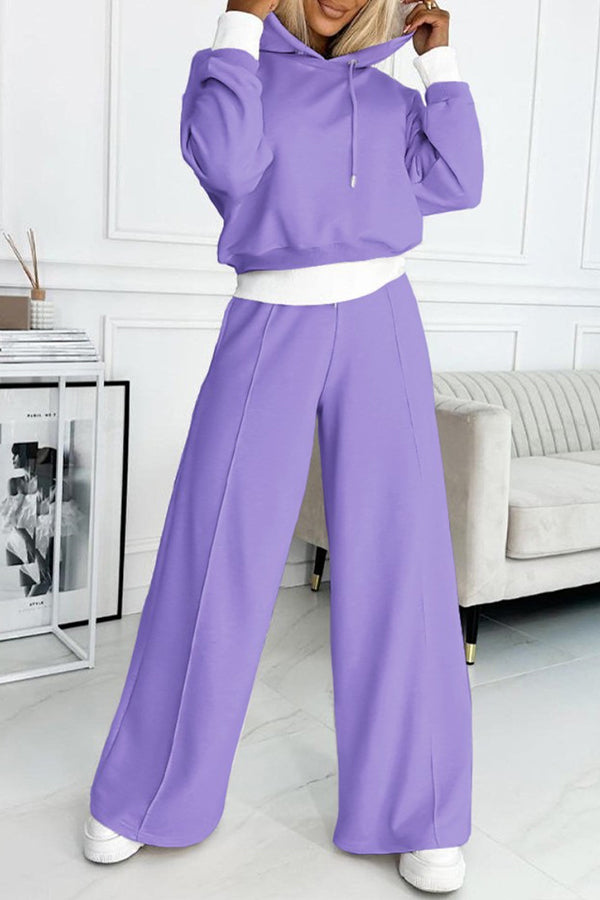 Stylish Patchwork Hooded Sweatshirt and Elastic Waist Tie Pockets Wide Leg Pants Set