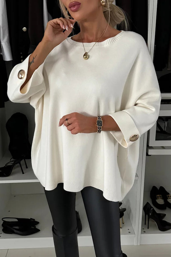 Elegance and Modern Knit Button Detail Half Sleeve Loose Sweater