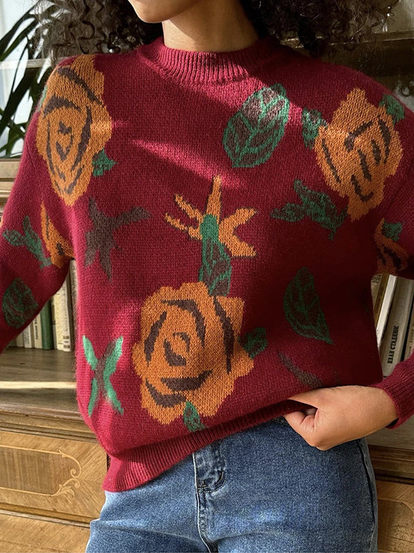 Long Sleeves Loose Flower Print Round-Neck Pullovers Sweater Tops