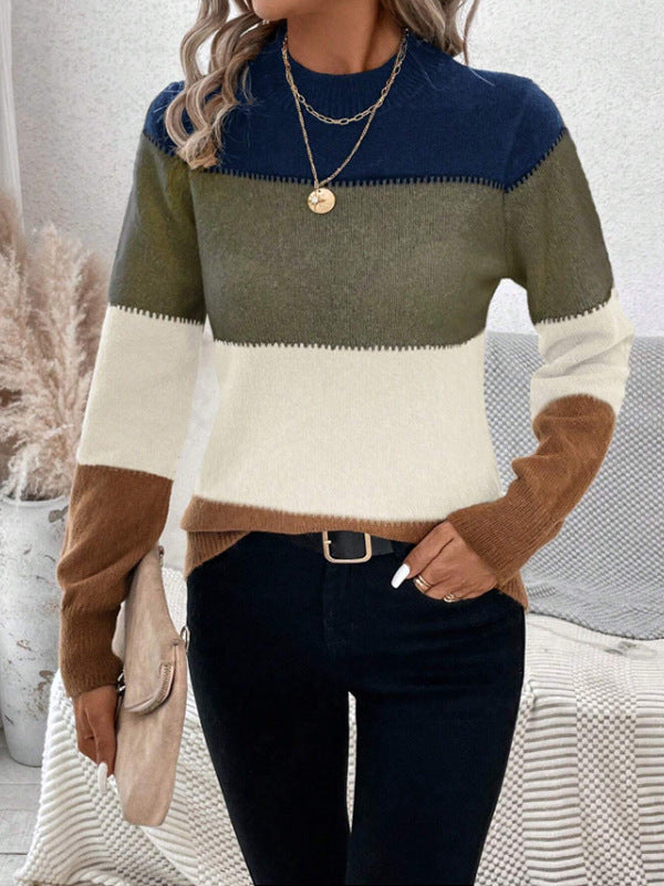 Long Sleeves Contrast Color Round-Neck Pullovers Sweater Tops