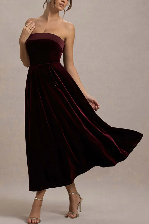 Center of Attention Velvet Satin Neck Bandeau Pleated Midi Dress