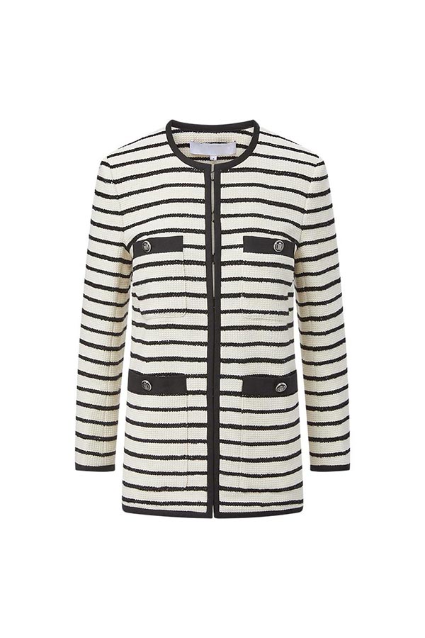 Coco Lady Striped Round Neck Long Sleeve Pocketsed Loose Jacket