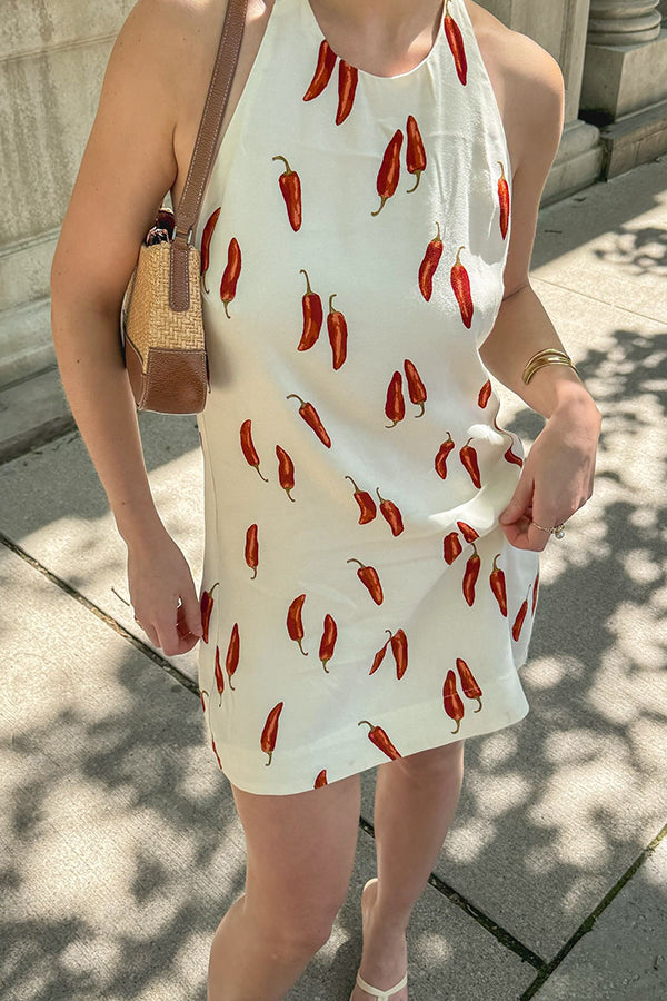 Spicy Summer Chili Pepper Unique Print Soft Fabric Halter Loose Mini Dress