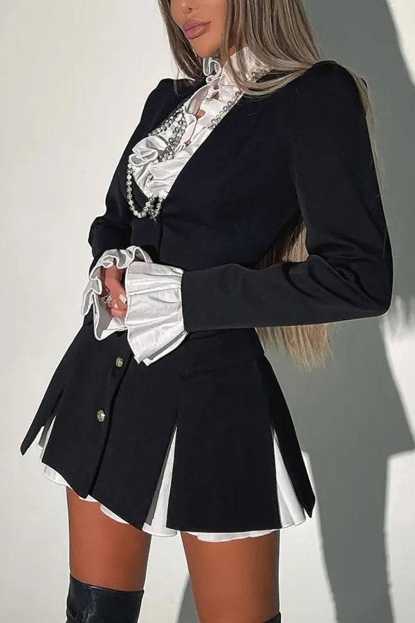 Altair Contrast Ruffled Shirt Patchwork Button Pleated Blazer Mini Dress