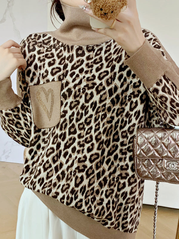 Long Sleeves Loose Leopard Split-Joint High Neck Pullovers Sweater Tops