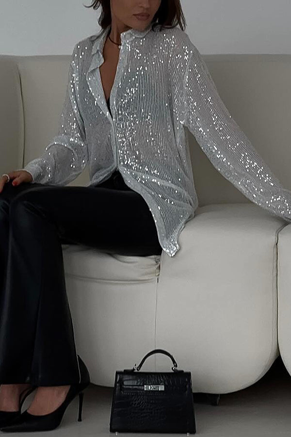 Fashion Sequin Lapel Long Sleeve Loose Shirt