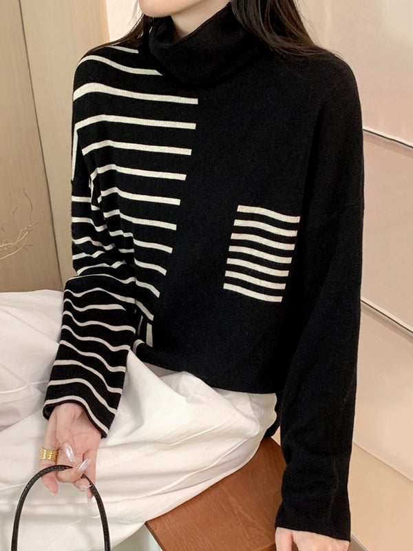 Long Sleeves Loose Contrast Color Striped High Neck Pullovers Sweater Tops