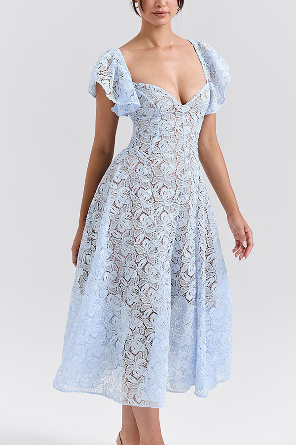 Romantic Atmosphere Bluebell Lace Butterfly Sleeve Sweetheart Neck Stretch Midi Dress