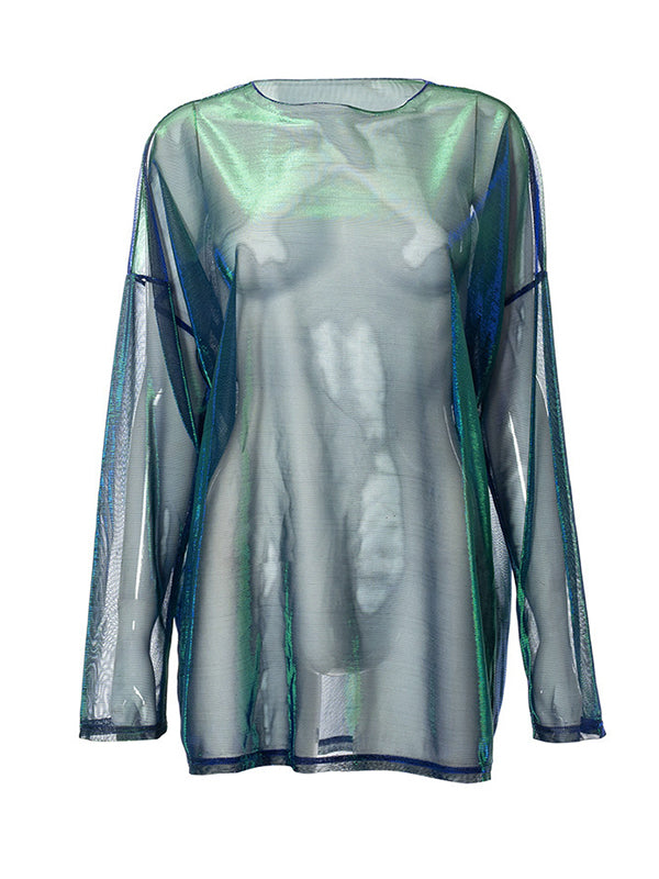 Long Sleeves Loose Gauze See-Through Round-Neck T-Shirts Tops