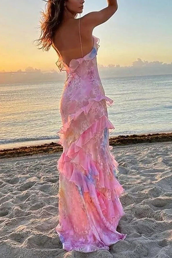 Multicolor Tie-dye Sexy Backless Wave-hem Strap Maxi Dress