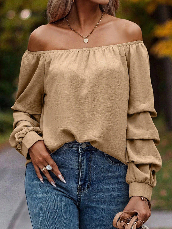 Long Sleeves Loose Elasticity Pleated Solid Color Off-The-Shoulder Blouses&Shirts Tops