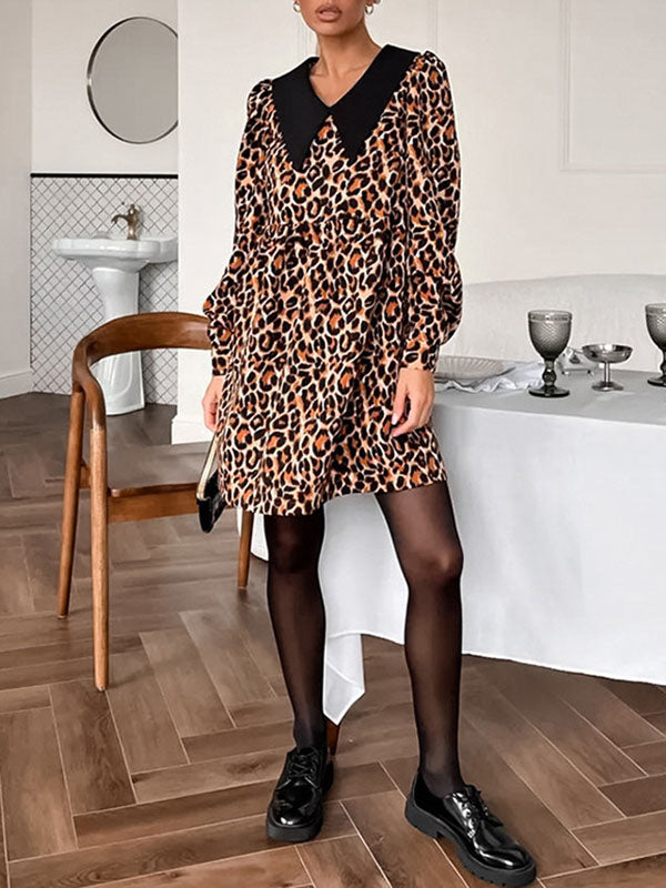 Loose Puff Sleeves Leopard Pleated Printed Split-Joint Peter Pan Collar Mini Dresses Shirt Dress