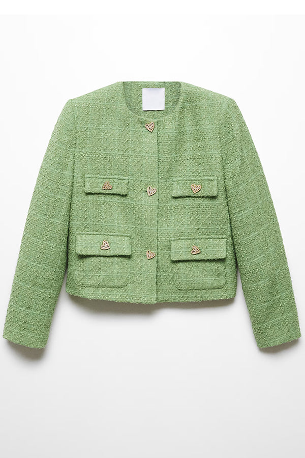 Stylish Tweed Love Buttoned Long Sleeve Soft Pockets Jacket