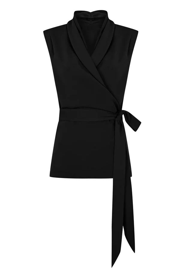 Calvi Ruched Neck Wrap Tie-up Blouse and High-waisted Slit Pencil Maxi Skirt Set