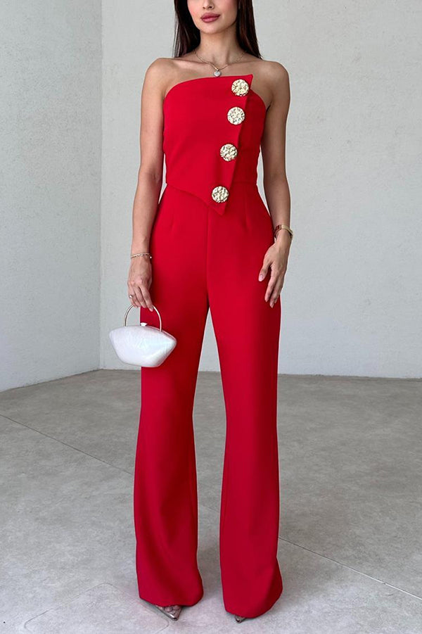 Solid Color Sexy Tube Top Gold Button Embellished Bootcut Jumpsuit